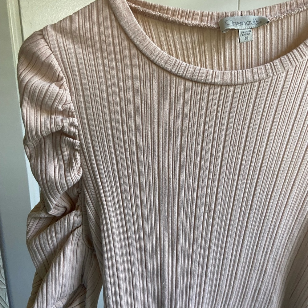 Tan puff sleeve top. Ruffled bottom.